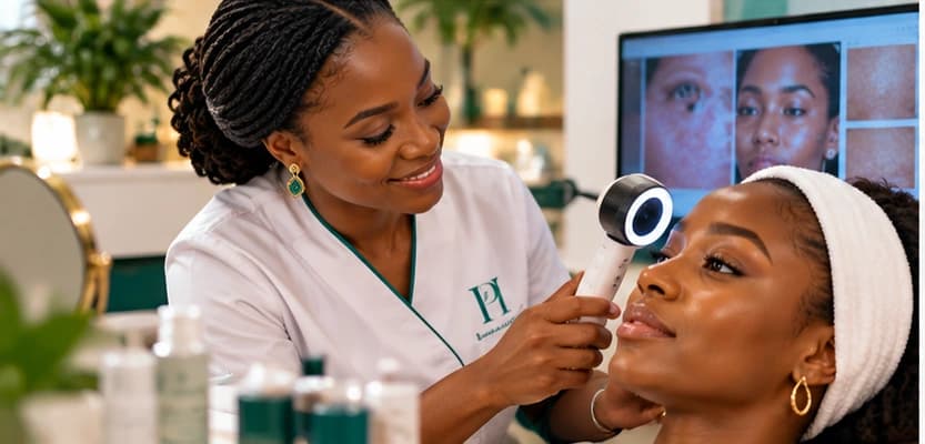 Consultation de dermo-analyse : une conseillère Para-Institut examine la peau d'une cliente avec un appareil d'analyse